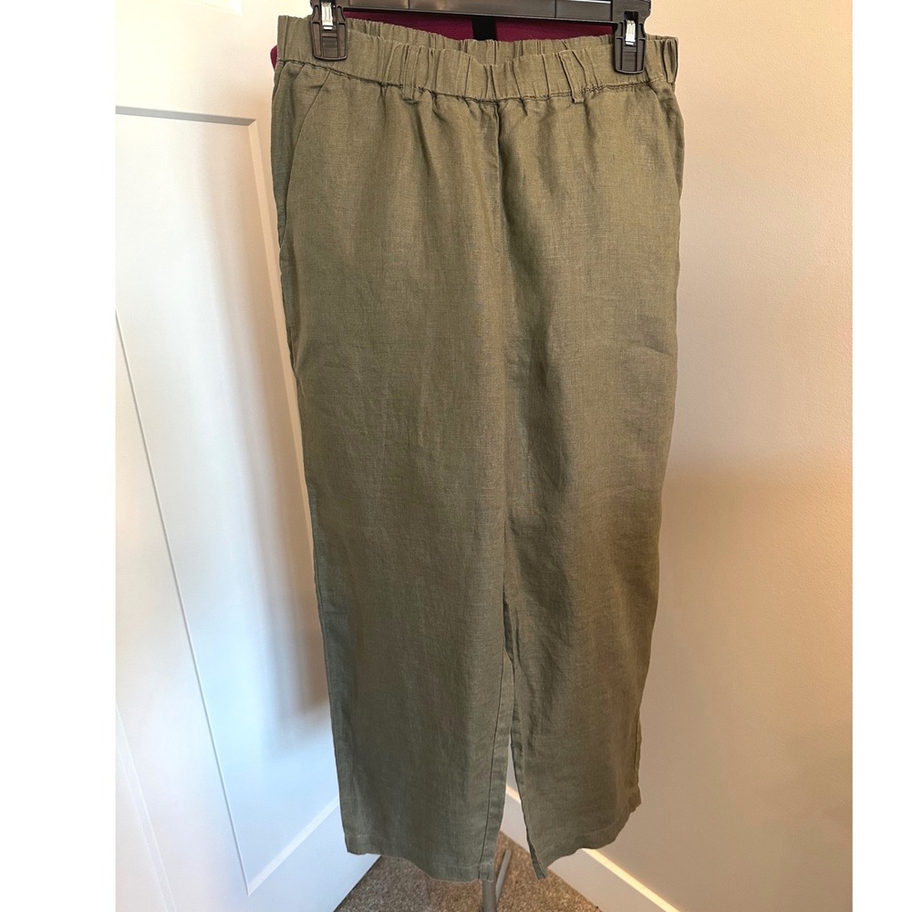 Quince Womens 100%European Linen Pull on Pants Olive Green Elastic Waist Size M